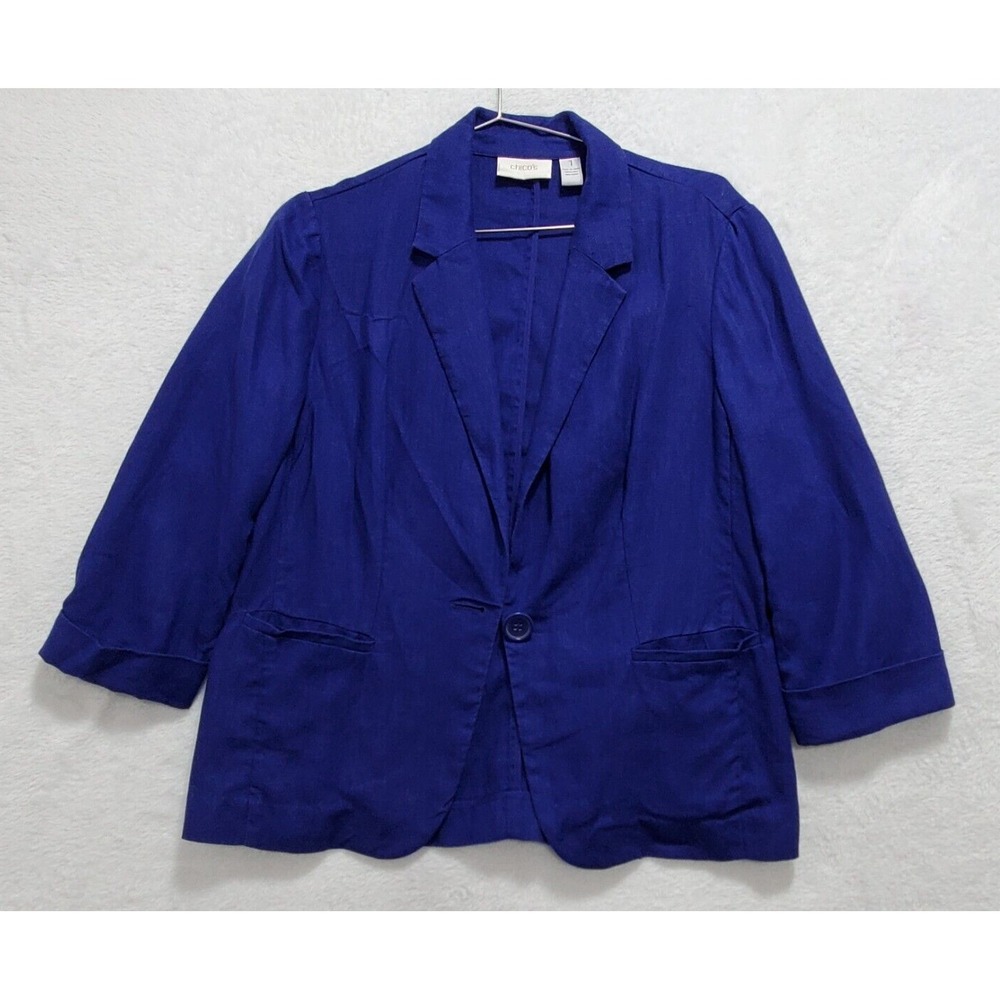 Chico's Blazer Womens Sz 1 Medium Blue Indigo 3/4 Sleeve Single Breasted Career